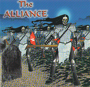 The Alliance album cover depicting chainmail wearing skeletons in a grave yard